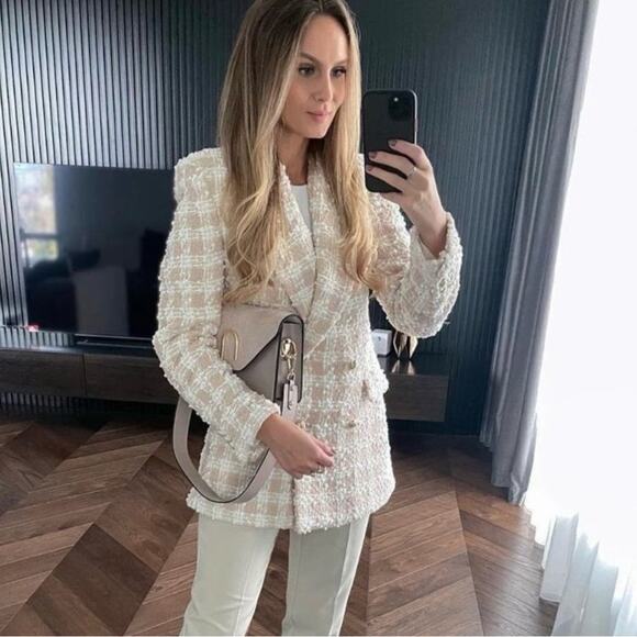 NWOT Zara Textured Tweed Light Pink Double Breasted Blazer. Blogger fave. - Picture 3 of 12